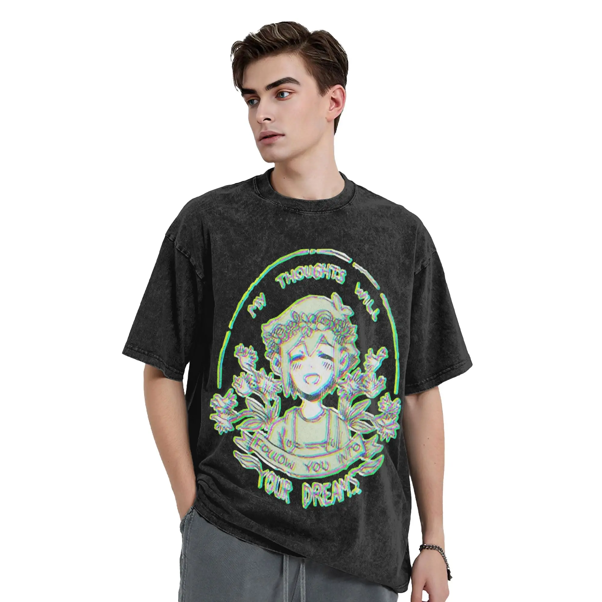 Washed T Shirts Omori My Thoughts Will Follow You Into Your Dreams Basil Hip Hop T-Shirt Street  Streetwear Tee Shirt for Men