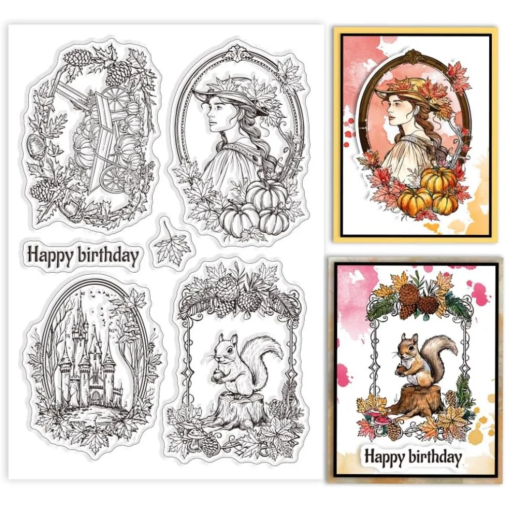 Autumn Border Clear Stamps Lady Autumn Flower Wreath Frame Squirrel Silicone Clear Stamp Seals Maple Leaves Making Kit