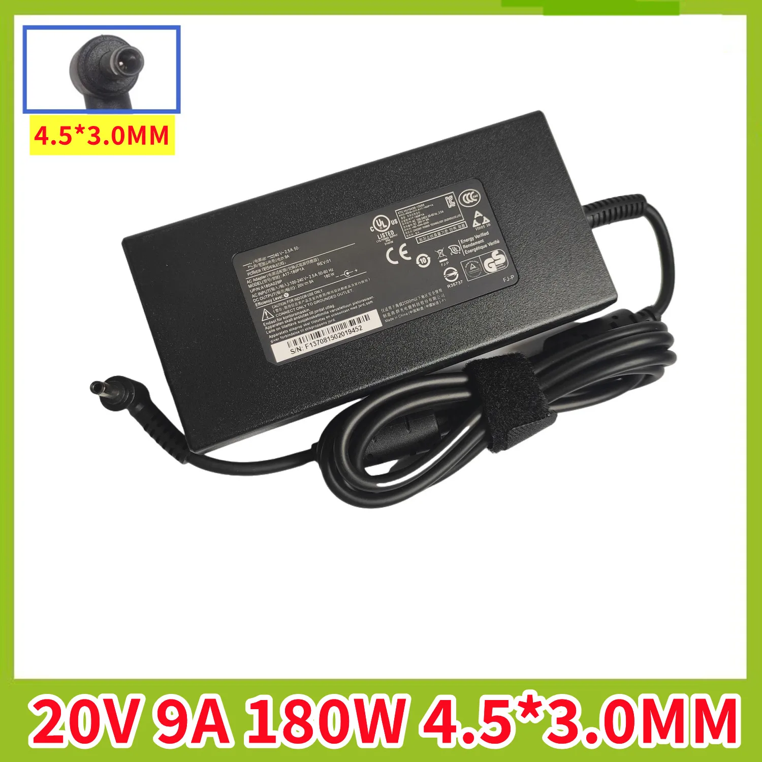 New 20V 9A 180W 4.5*3.0MM Laptop Charger AC Adapter For MSI Katana GF76 GF66 11UE-856 11UE-031 A17-180P4B ADP-180TB Power Supply