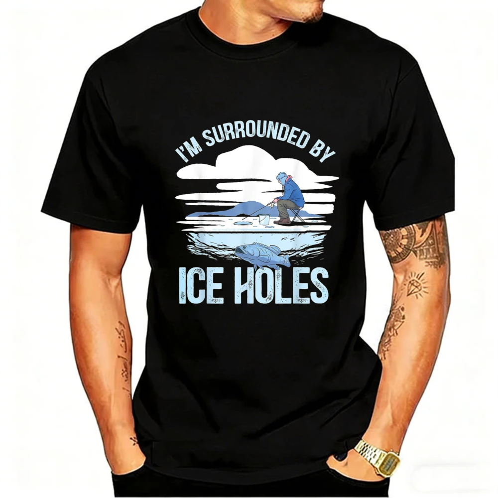 I'm Surrounded By Ice Holes Funny Ice Fishing T-Shirt Men Scene Graphic Tee Short Sleeve Crew Neck Folding Chair Fisherman Gift