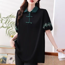 #2838 Summer Black Vintage Blouse Women Polo Collar Buttons Chinese Style Short Sleeve Blouse Female Loose Elegant