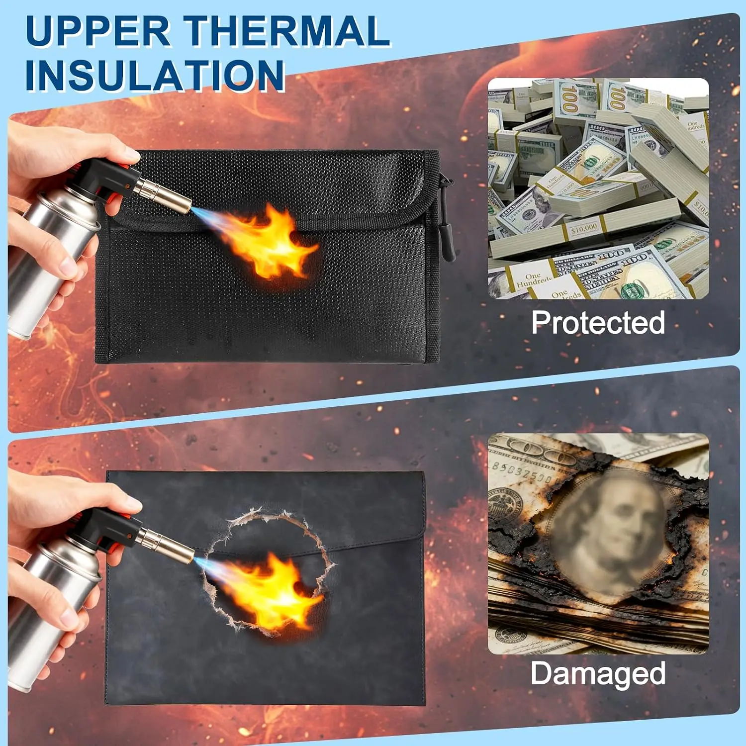 Fireproof Document Bag with Zipper Waterproof Money Pouch for Cash Passport Cards Valuables Small Fire Resistant Storage Bag