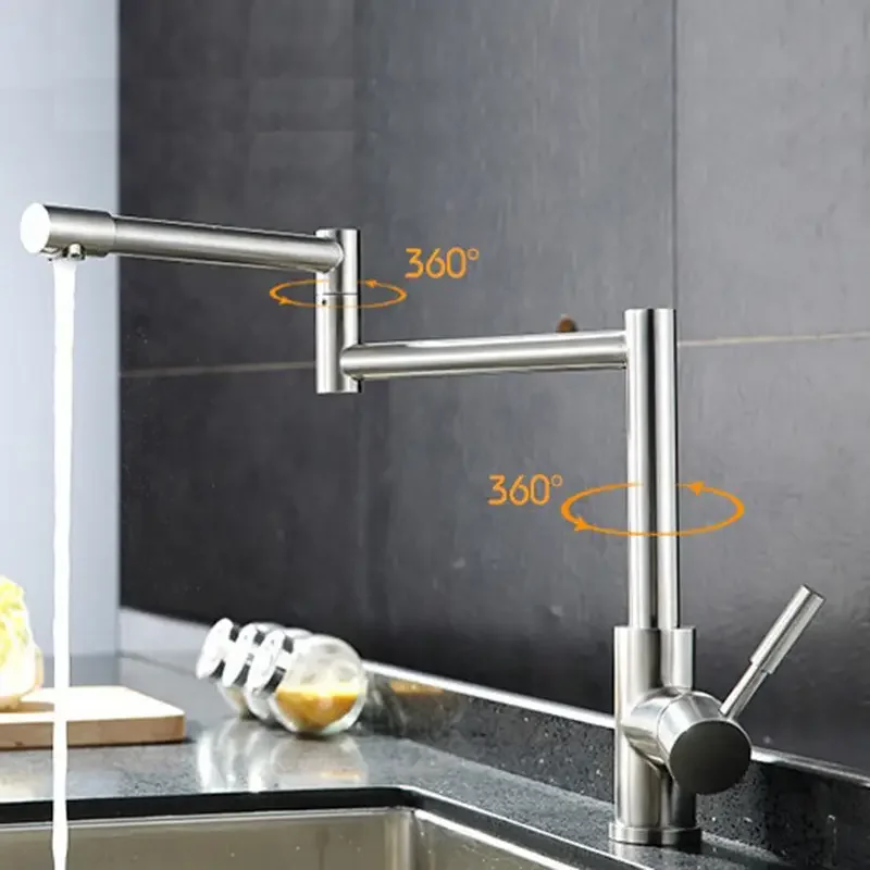 

304 Stainless Steel Brushed Kitchen Faucet, 360° Swivel Foldable Long Reach Spout, Hot/Cold Water Mixer Tap for Sink