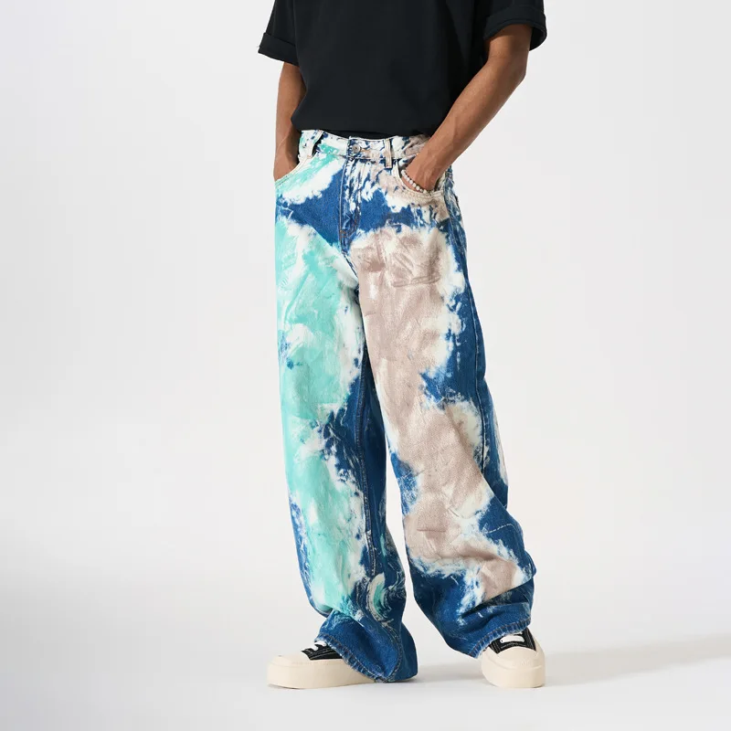 HKSH Spring New Men Tide Punk Hip Hop American Tie-dye Gradient Graffiti Jeans Women Wide-leg Pants High Street Fashion HK20853