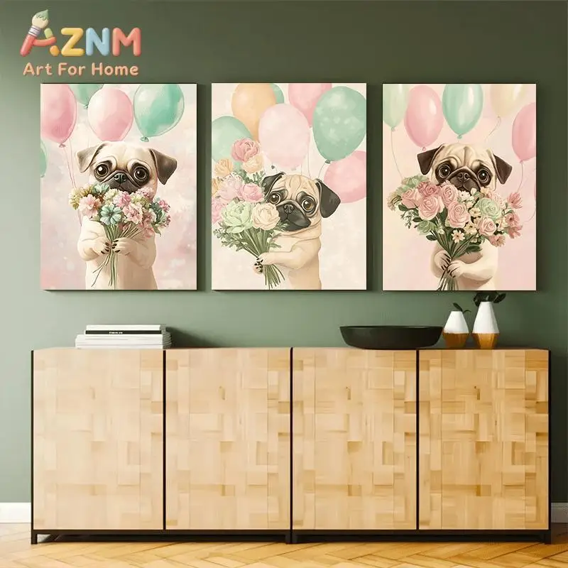 AZNM Cute Pug Dog Canvas Wall Art With Flower Bouquet And Balloon Frameless Canvas Painting Kids Room Home Decor Poster