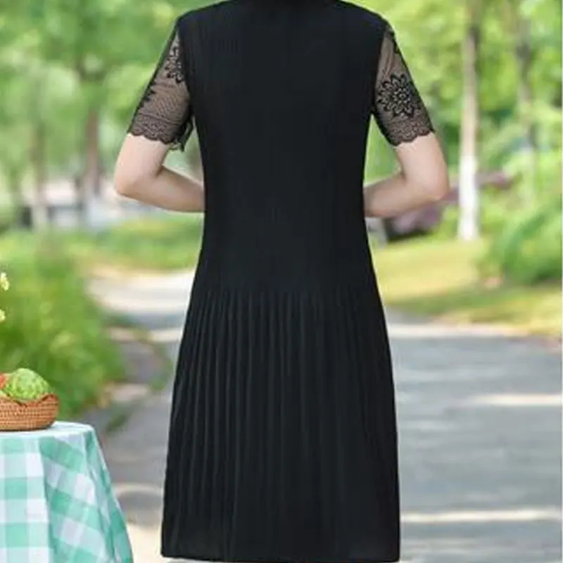 Casual Solid Color Pleated Midi Dress Stylish Lace Patchwork Summer Short Sleeve Female Three-dimensional Decoration Dresses New