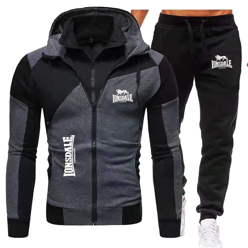 

LONSDALE print contrasting double-layer zipper hooded cardigan 2-piece set men's slim fit hooded fleece sweatshirt casual set
