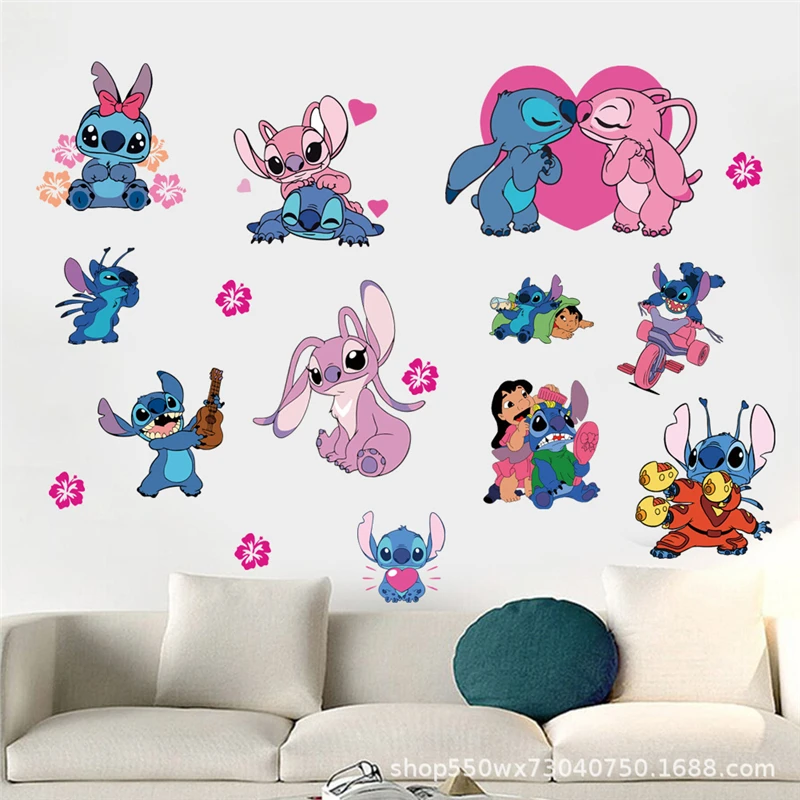 Adesivos de parede de filme lilo & stitch, desenho animado, para quarto de criança, jardim de infância, sala de estar, decoração de parede, pôster animado, mural de arte