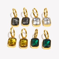 E.B.belle Minimalist Drop Dangle Square Charm Hoop Earrings Green Champagne Gray Clear CZ Pendant Stainless Steel Earring