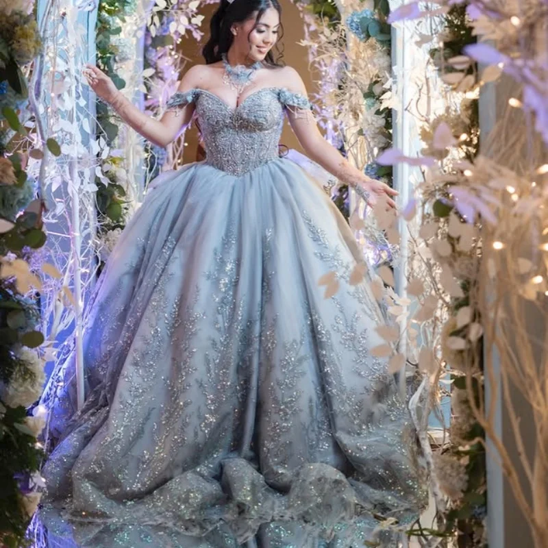 

Блестящее шиферно-синее платье Quinceanera с открытыми плечами и кристаллами, блестящая наклейка с длинным хвостом и бантом, платья de 15, Quinceanera ﻿ Настроить