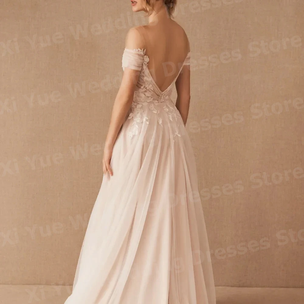 Robe De mariée trapèze Simple pour femmes, épaules dénudées, avec des Appliques en dentelle, personnalisée, dos nu