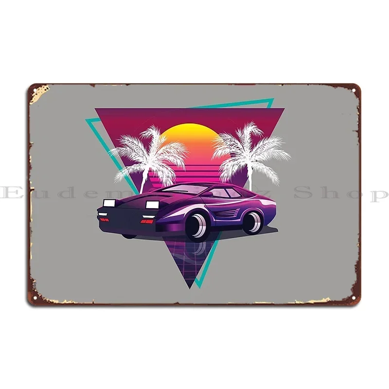 Vaporwave Retro Sunset Palm Sports Car 80 S Metal Plaque Printed Wall Cave Club Wall Cave Rusty Tin Sign Poster