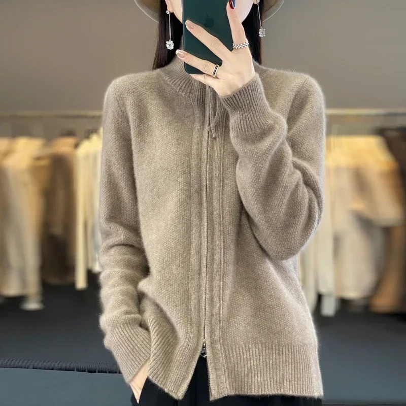 Women's 100% Merino Wool Knitting Sweater Turndown Collar Cardigan Autumn/Winter Thick Tops Cashmere Double Zipper Soft Jacket