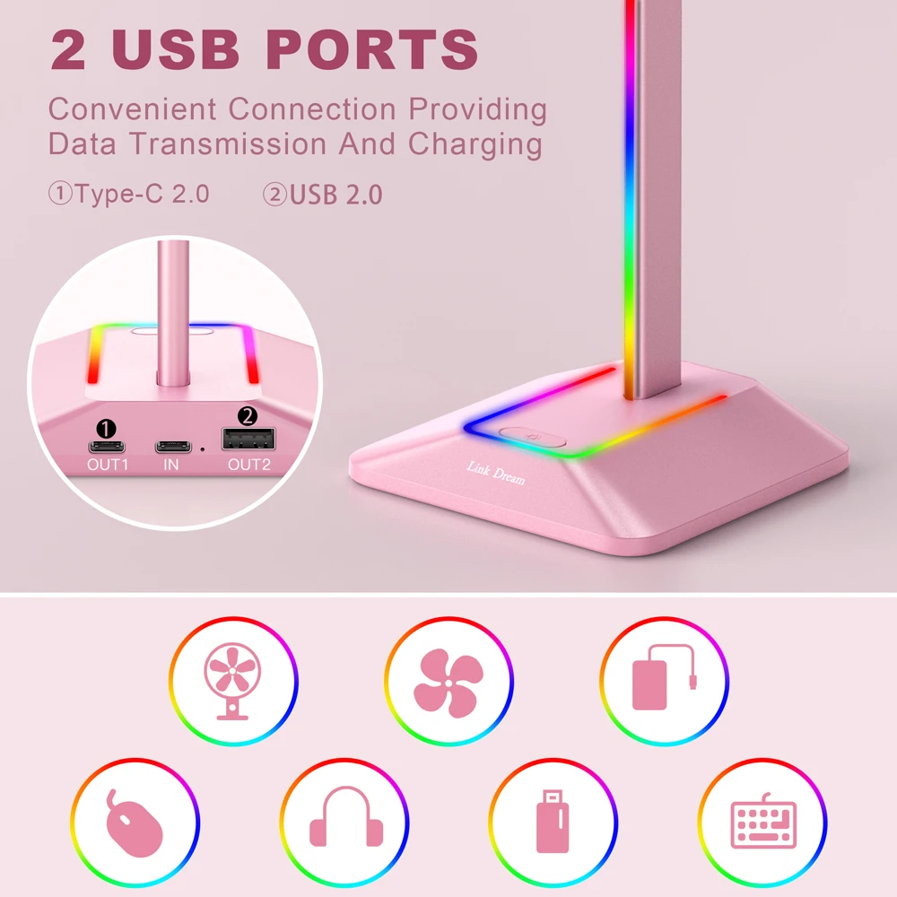 Stojak na słuchawki RGB jasny różowy stół stacjonarny uchwyt na zestaw słuchawkowy do gier stojak na zestaw słuchawkowy rgb z przedłużaczem USB2.0 port ładowania