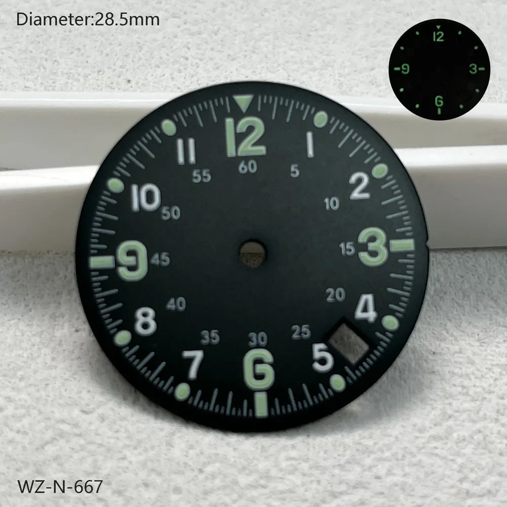 28.5mm NH35 ダイヤル発光アラビア数字ダイヤル、4 時位置に日付付き、NH35 自動巻きムーブメント watchmods はロゴをカスタマイズできます