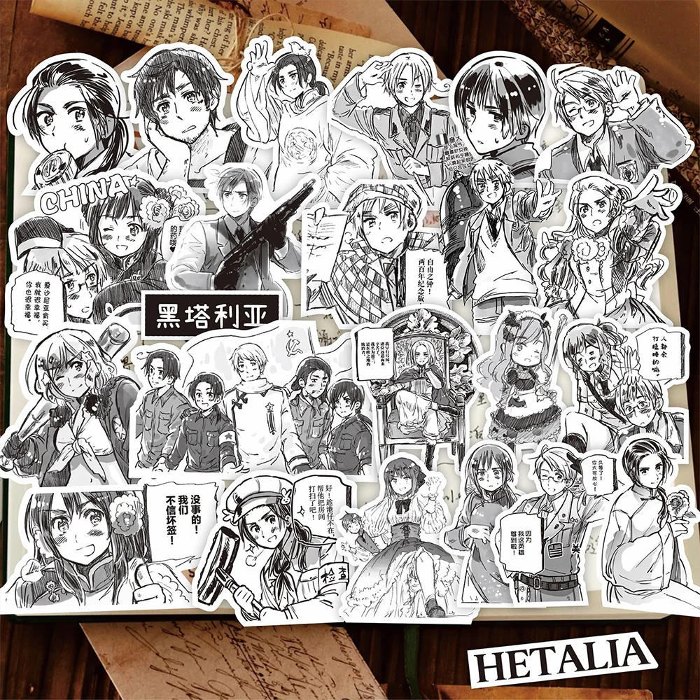 10/30/75 buah Anime Axis Powers Hetalia stiker hitam putih Decal DIY Notebook koper Scrapbook keren tahan air stiker kartun