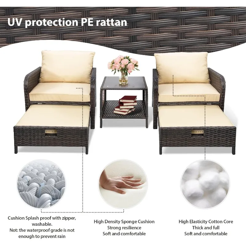 مجموعة محادثة فناء مكونة من 5 قطع لأثاث الشرفة، كراسي صالة خارجية من الخيزران مع وسائد ناعمة 2 عثماني&G #5