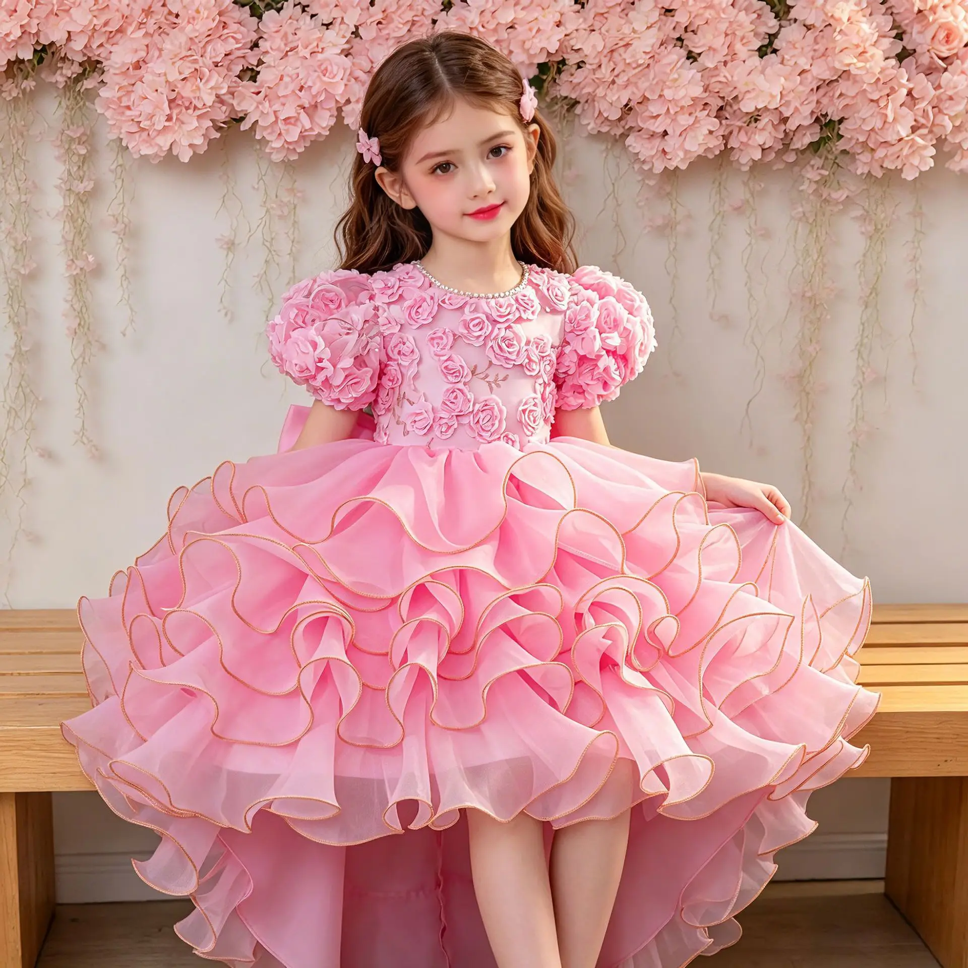 

European and American children's dress skirt bubble sleeve embroidery trailing cake princess birthday banquet flower girl