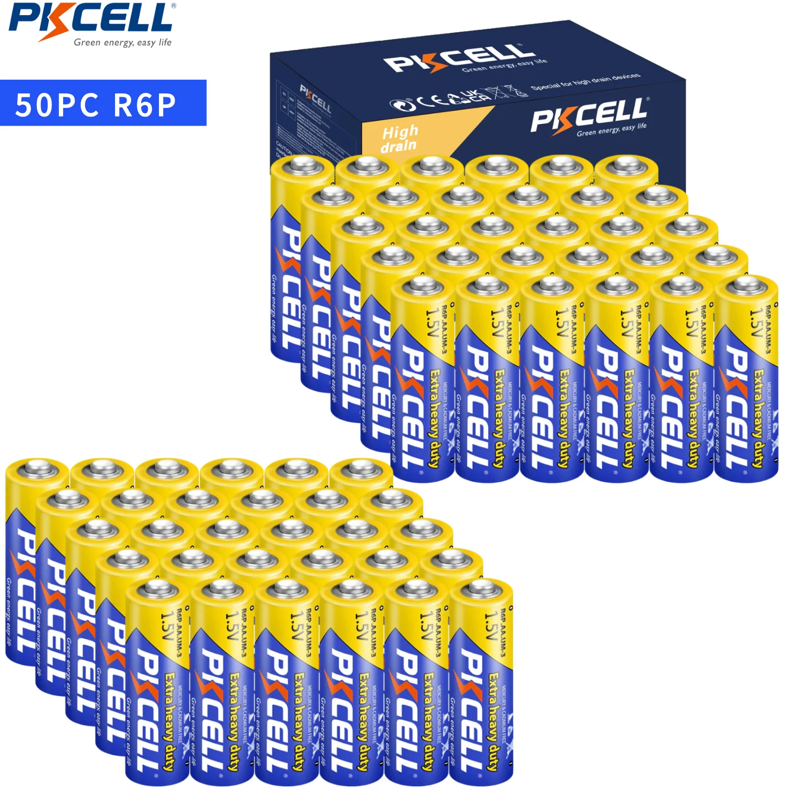 PKCELL 50ШТ 1,5 В Сверхпрочная цинково-углеродная батарея R6P UM3 AA для пультов дистанционного управления, игрушек, фонариков, часов, Радио, камер