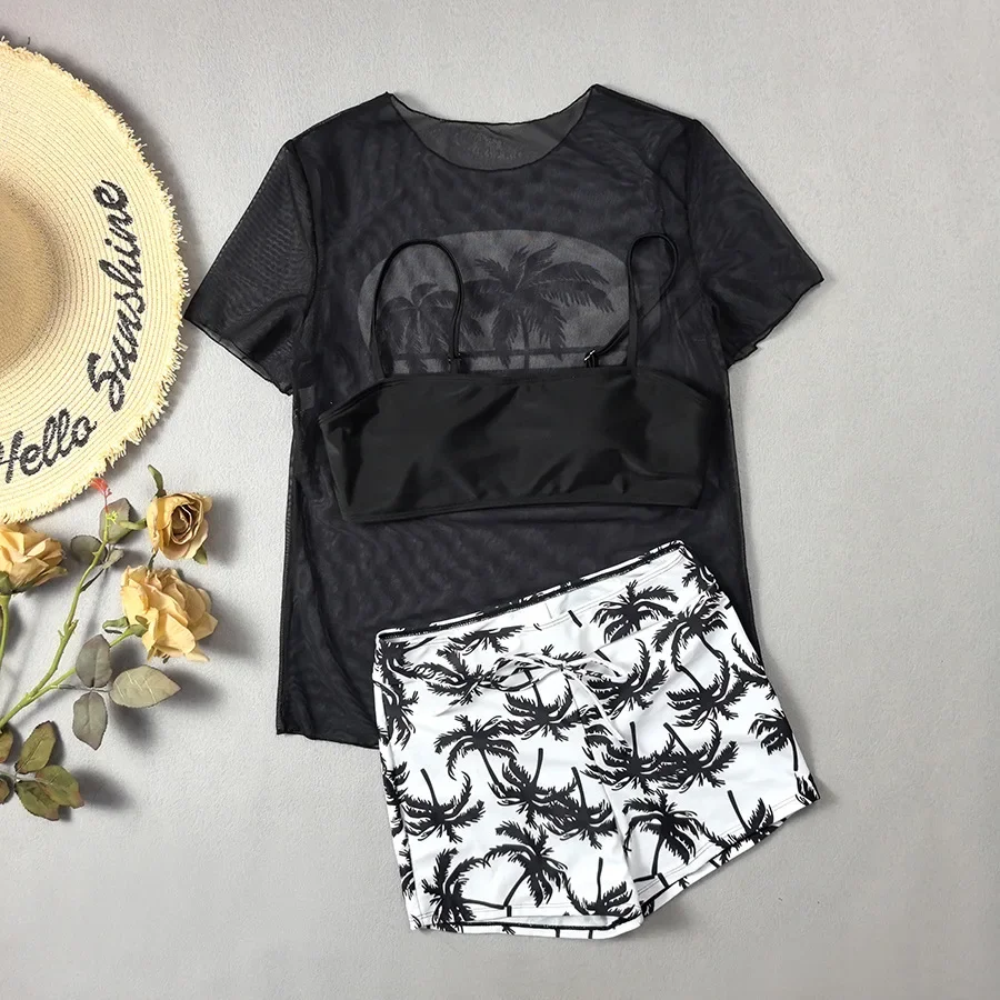 Coconut Tree Print Bikini Set Women Black Long Sleeve Cover Up 3 Piece Swimsuit 2025 Bathing Suit High Waist Panties Swimwear