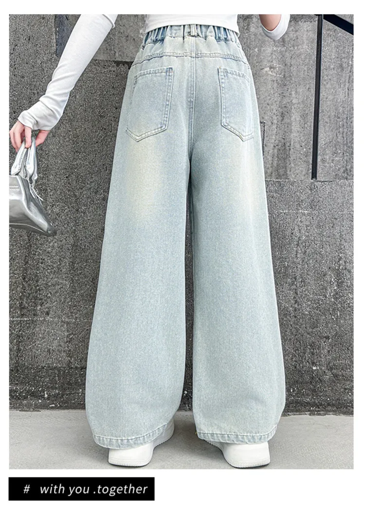 Girls Loose Wide-leg Jeans Soft Trousers Korean Fashion Cartoon Fruit Patch Straight Denim Pants Spring Clothing 5-12 Years