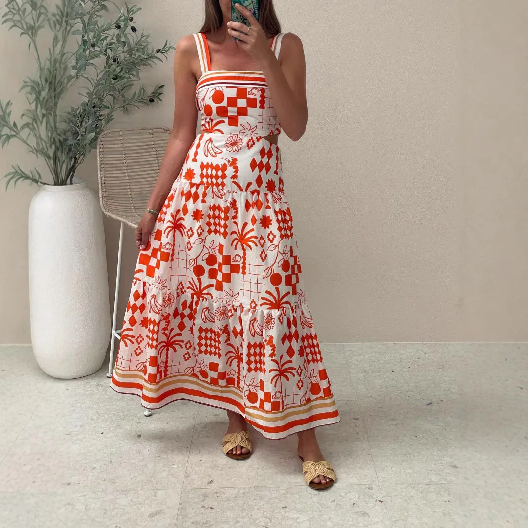 Robe d'été pour femmes, nouveau tempérament européen et américain, couleur contrastée, imprimé à bretelles