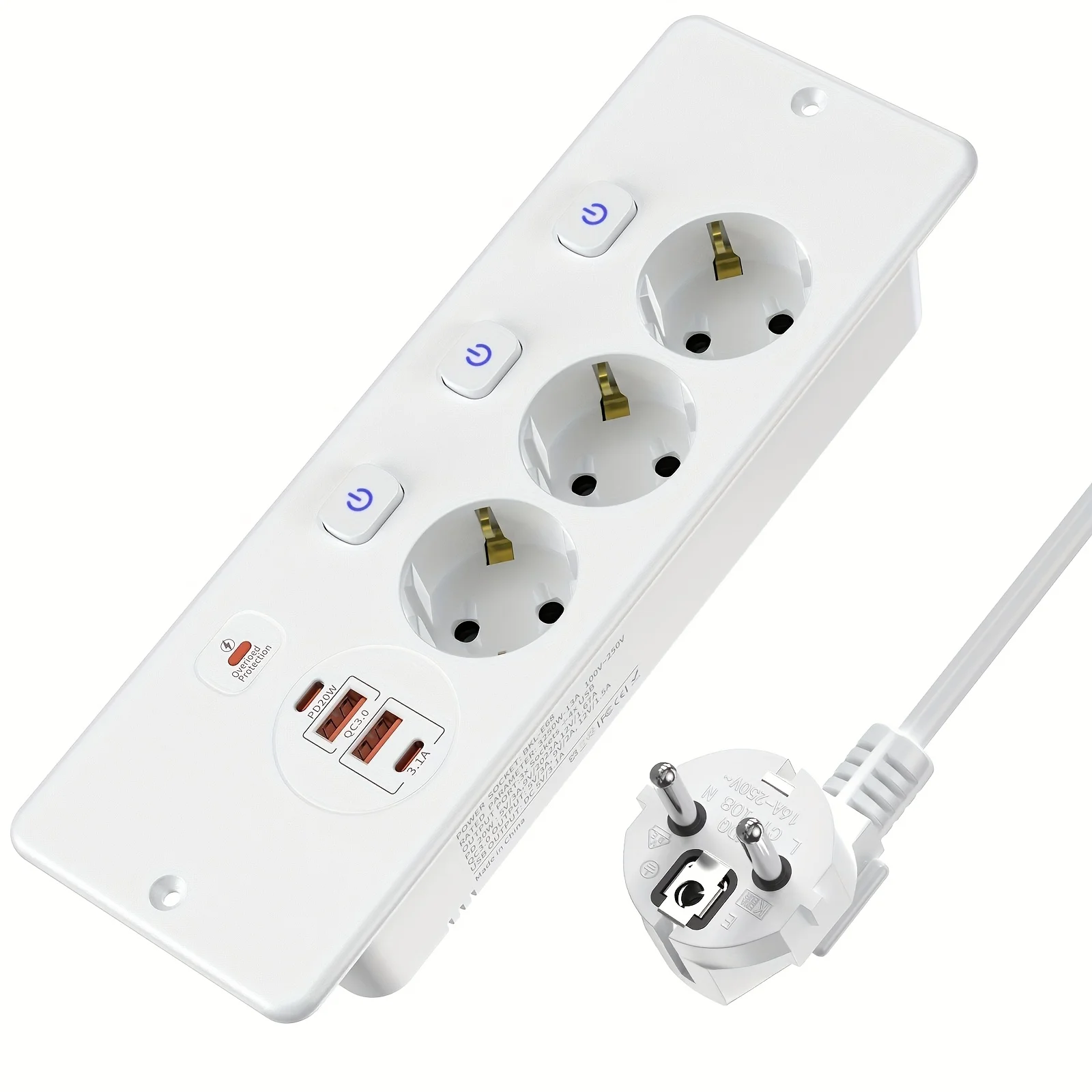 

Desktop Socket with USB-C PD 20W, Built-in Socket, 3-Way Mounting, Switchable Outlets | Home/Office, 2m Cable