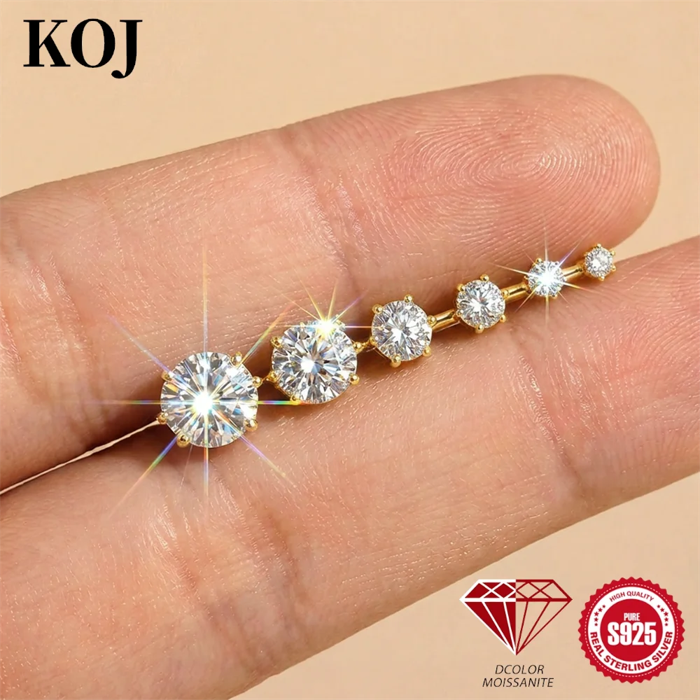 KOJ 1PC S925 Silver Classic Moissanite Stud Earring 3/6 Prong Round For Women Delicate Daily Wedding Hypoallergenic Jewelry Gift