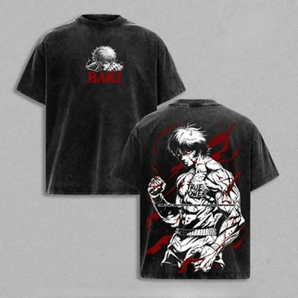 Camiseta de Anime Japonés Baki, Estilo Gótico Vintage, Lavada, Talla Grande, Camiseta de Verano de Manga Corta, 100% Algodón, para Hombre y Mujer