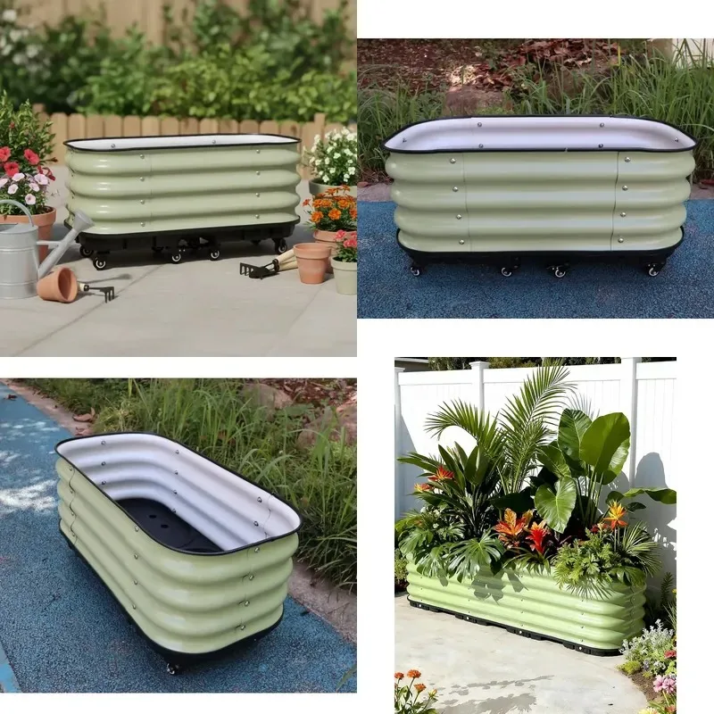 Large Outdoor Automatic Watering Rolling Flower Pot Galvanized Metal Elevated Garden Bed Liner Classic Design Planter