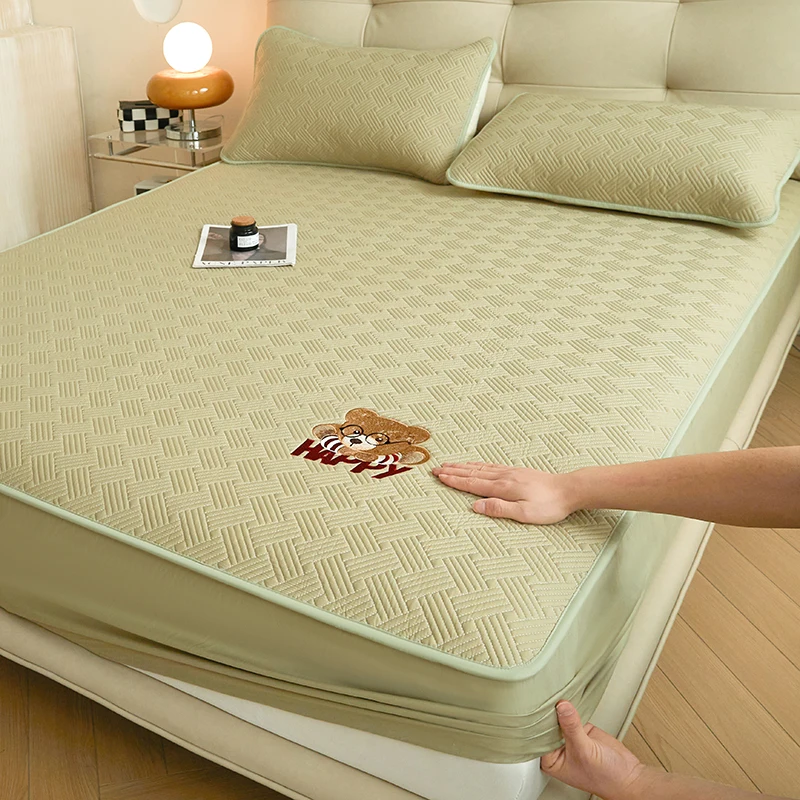1pc Thicken Pure Cotton Mattress Cover Embroidered Solid Color Mattress Protector Non-slip Bed Linen 매트리스 커버(No Pillowcase)