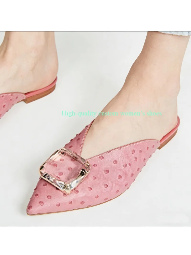 Transparent Square Buckle Decoration Pointed V-shaped Instep Pink Slippers Flat Heels Shallow Summer Manual Women's Luxury Footw
