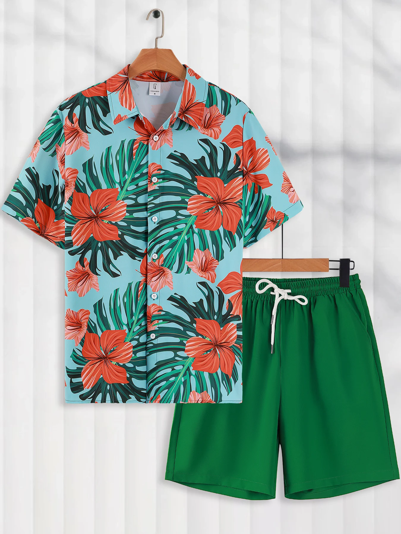 

Men's Summer Vacation Set, Palm Leaf & Hibiscus Print Button down Shirt & Elastic Waist Shorts