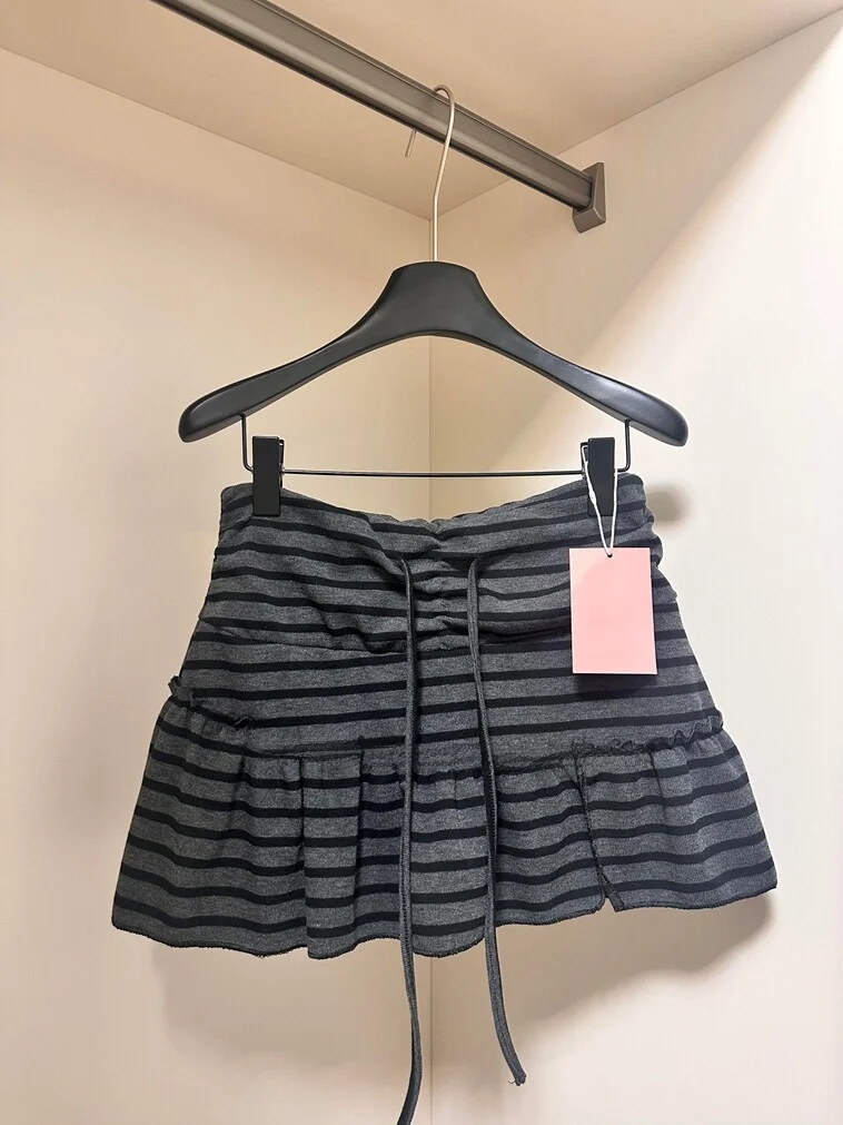 Summer New plus Size Korean Style Stripe Short Skirt Women's High Waist A-Line Midi Skirt Flounce Anti-Light Slimming Skirt