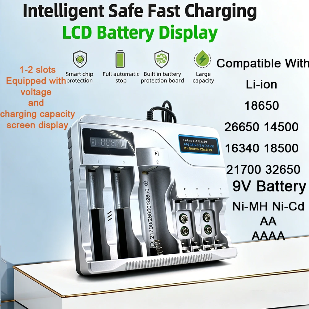 PHOMAX Intelligent Fast Battery Charger.Quick Charger Type USB for Li-ion Ni-MH Ni-Cd 9V Batter for 18650 9V Ni AA AAA Batteries