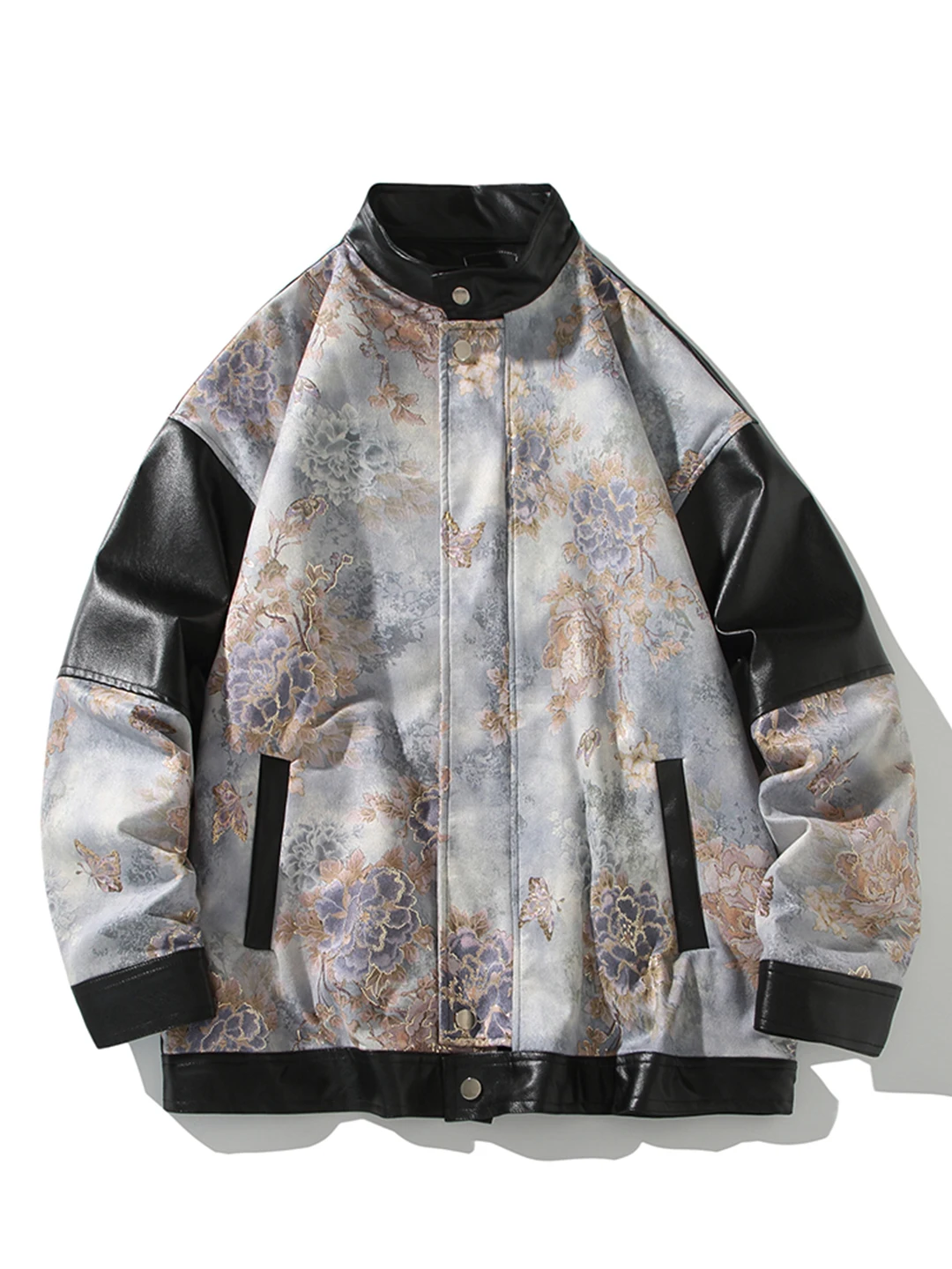Новое китайское пальто в стиле пэчворк с цветочным принтом, мужское осеннее кожаное пальто высокого дизайна, модная молодежная повседневная одежда на открытом воздухе