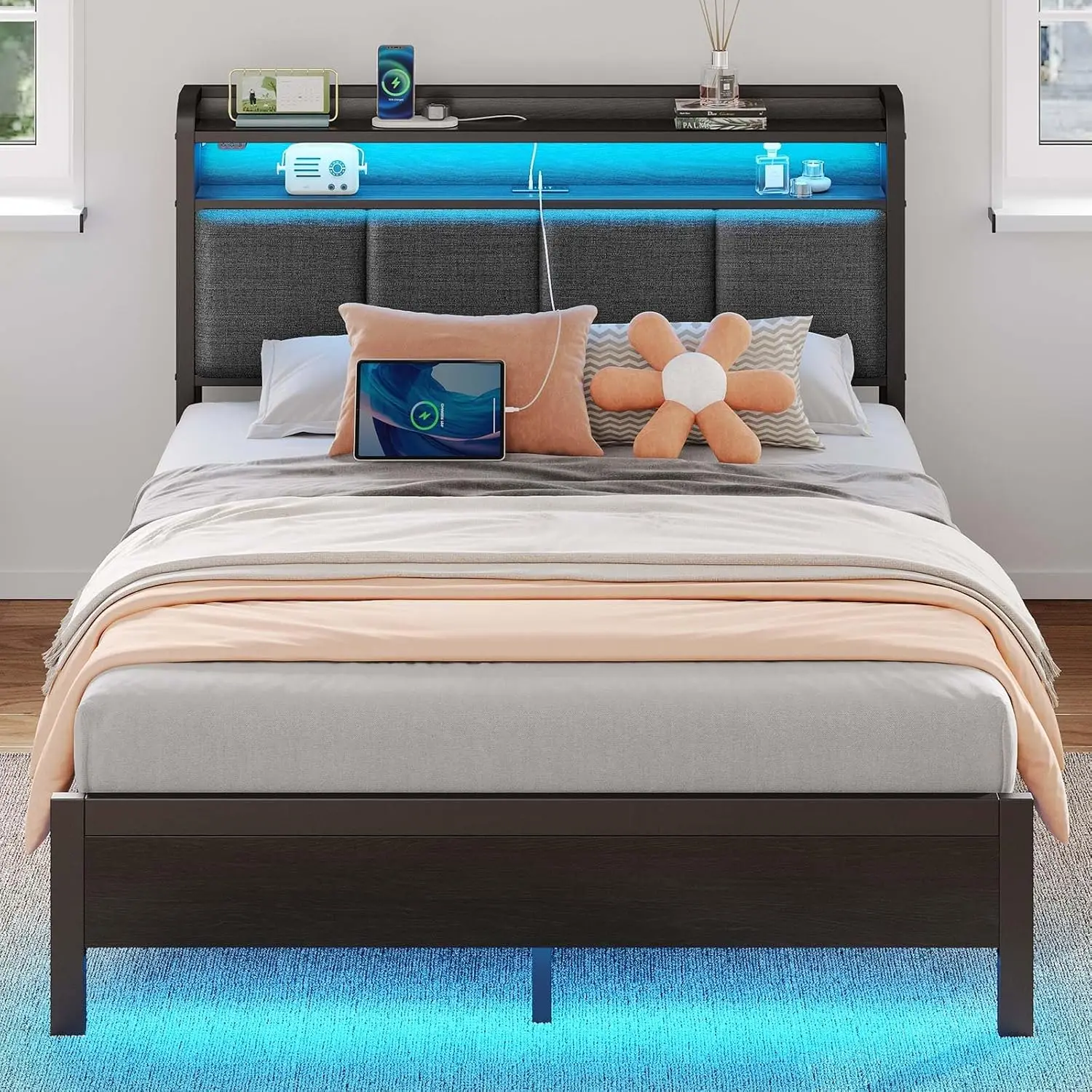 

Bed Frame Full Size with Charging Station and LED Lights, Upholstered Headboard with Storage Shelves, Heavy Duty Metal Slats,