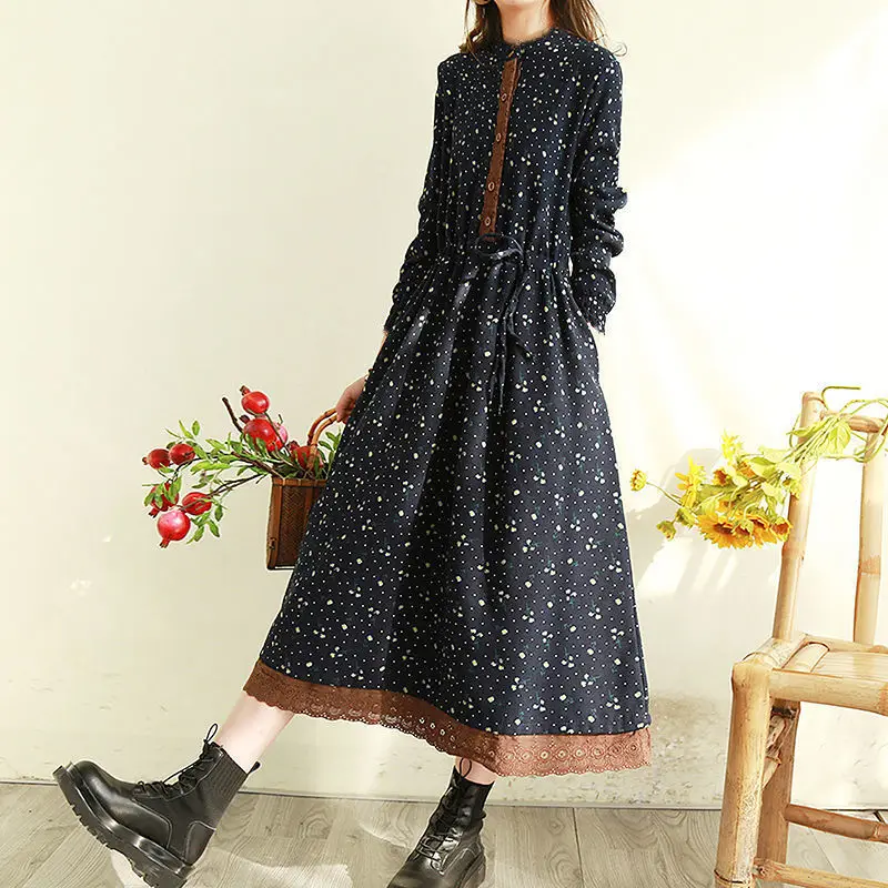 

2026 Spring and Autumn Women's Clothing Retro Style Floral Lace Edge Long Waist Thin Loose Large Size Dress