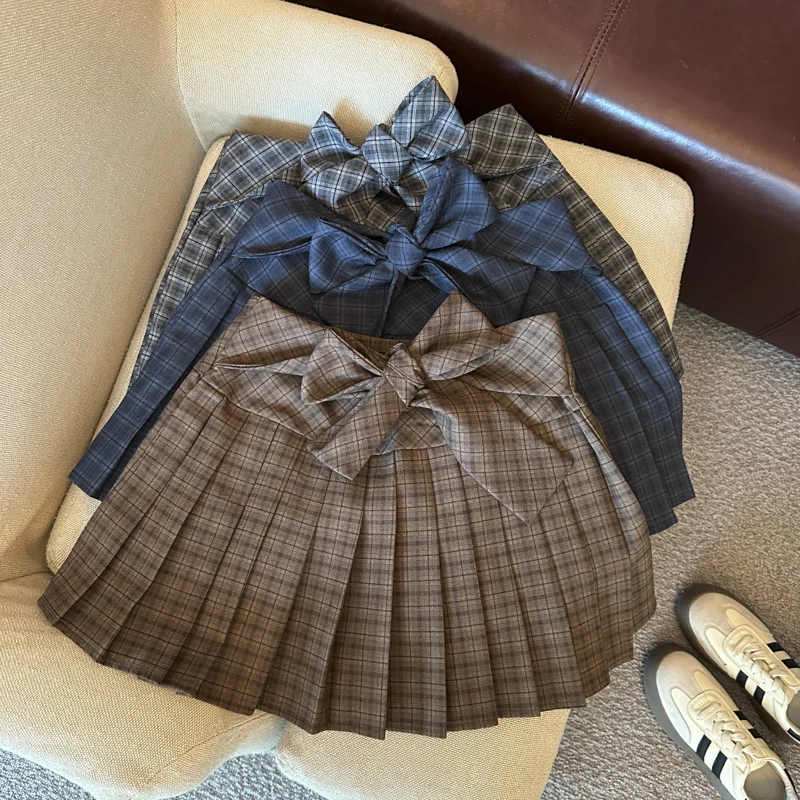 Vintage Plaid Mini Skirt Women Preppy Bandage Bow A Line Summer Pleated Skirts Korean All Match Student Casual Sweet Skirts New