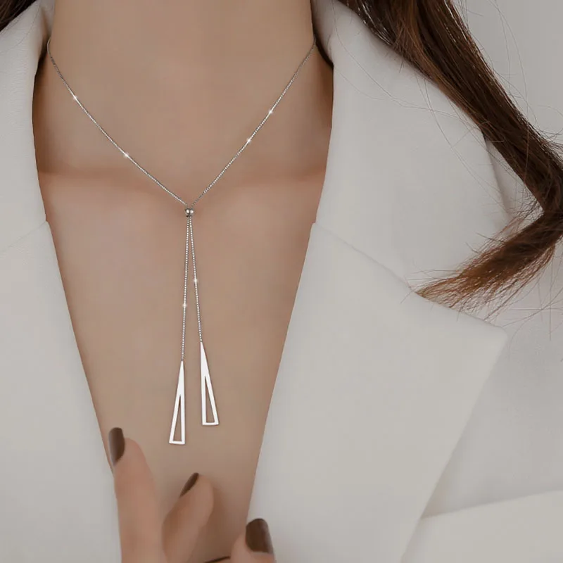 Tassel Necklace for Women Golden Silver Color Triangle Pendant Sweater Long Necklace Gift for Friend Fashion Neck Jewelry