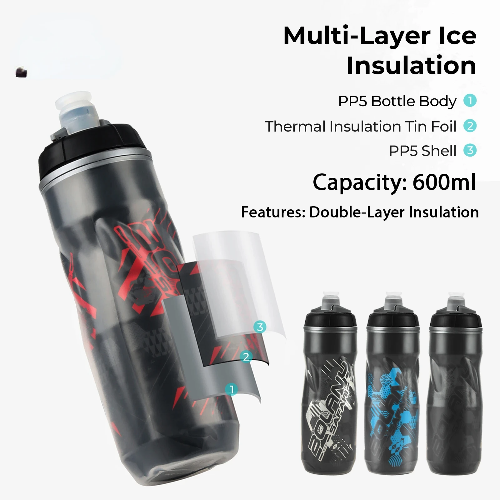 BOLANY Bicycle 600ml Water Bottle Squeeze Out Water PP5 Double Layer Heat And Ice-Protected GYM Fitness Outdoor Sports Cup 1PC