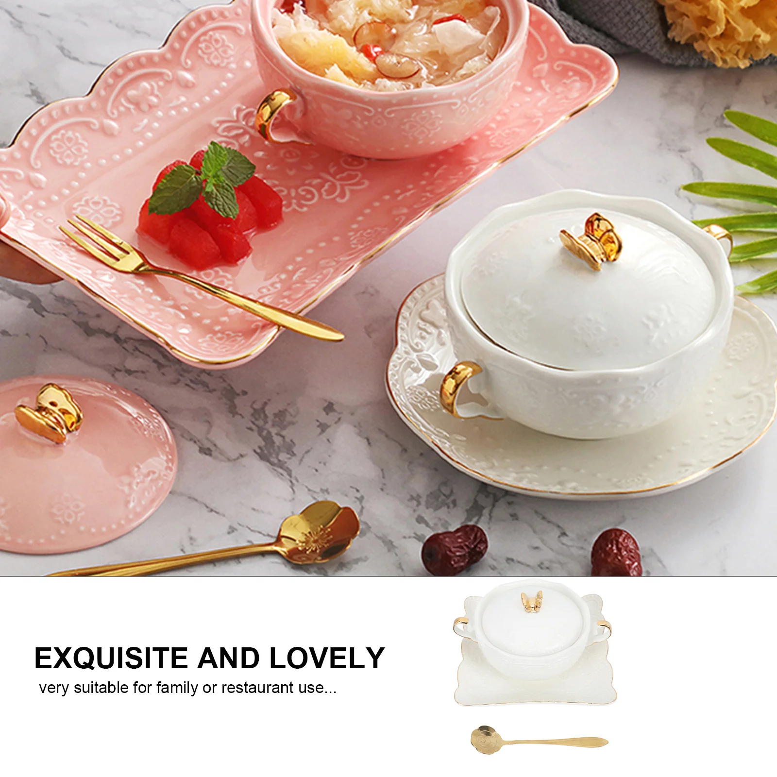 

1Set Double Ears Butterfly Bowl Exquisite Gilt-Edged Design Heat Resistant Ceramic Dessert Storage Container Embossed Patterns