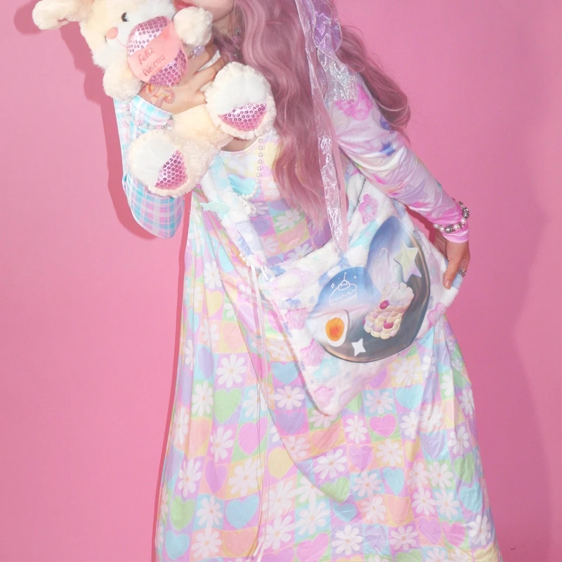 오리지널 디자인 레트로 플래드 프린트 여성 드레스 일본 봄 가을 신상 스윗 Y2K 귀여운 긴팔 루즈핏 얇은 원피스