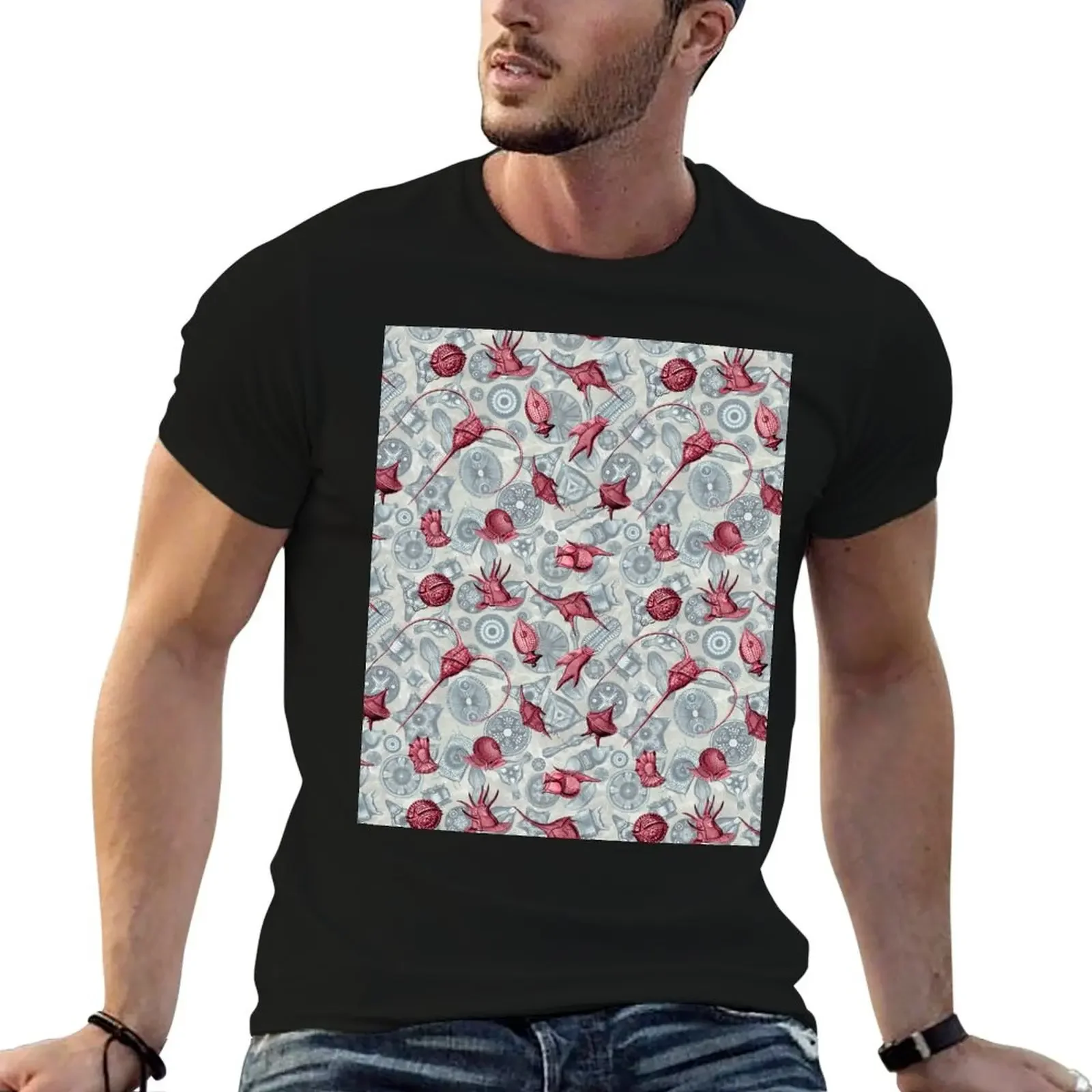 

Ernst Haeckel Red Peridinea Algae Over Cerulean Diatoms T-Shirt vintage summer clothes plus size tops plus size men clothing