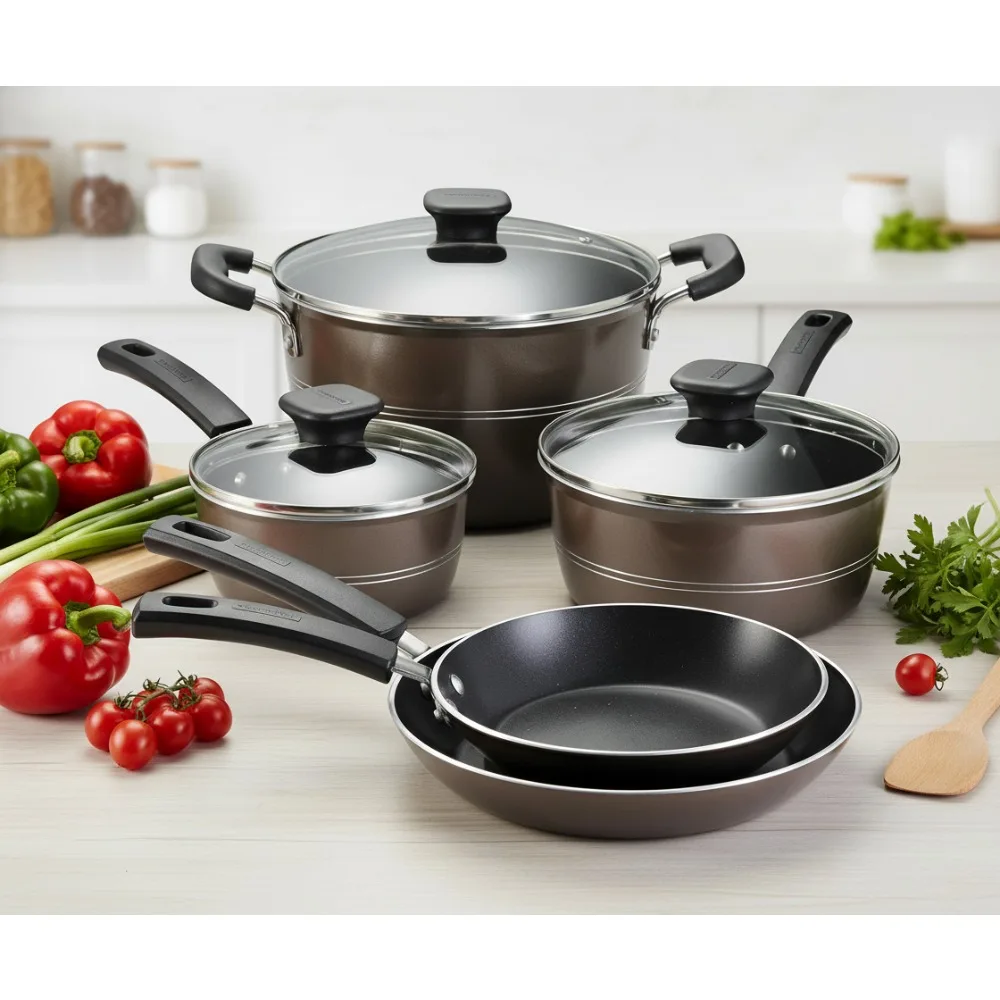 

Premium 8-Piece Nonstick Cookware Set with Glass Lids, Aluminum Pots & Pans for Modern Kitchen Cooking