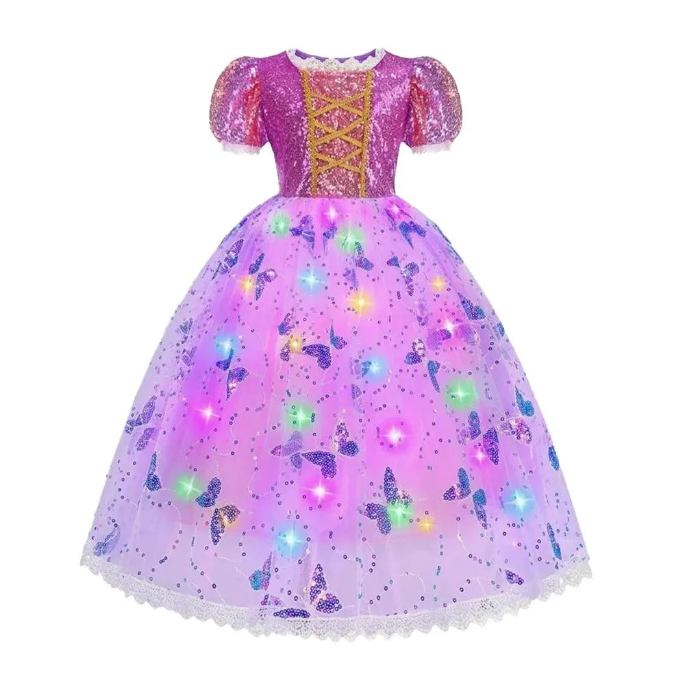 Mädchen Lila Leuchtendes Prinzessinnenkleid Puffärmel Pailletten-Oberteil Schmetterlings-Tüllkleid Kinder Halloween Party Cosplay Rapunzel Kostüm – Detail 2