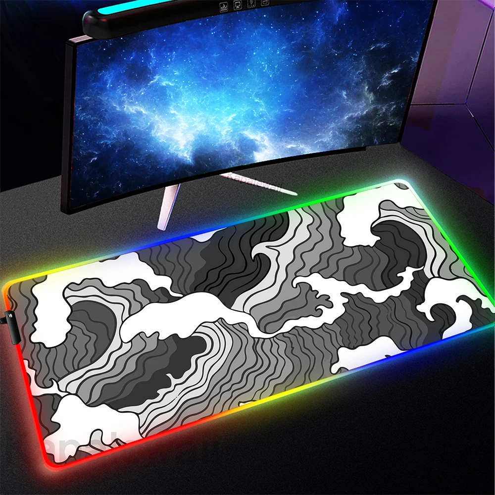 

Large Game Mousepad Gamer RGB Mouse Pad 900x400mm Japanese Great Wave Off Mouse Mat LED Gaming Deskmat Colorful Keyboard Pads