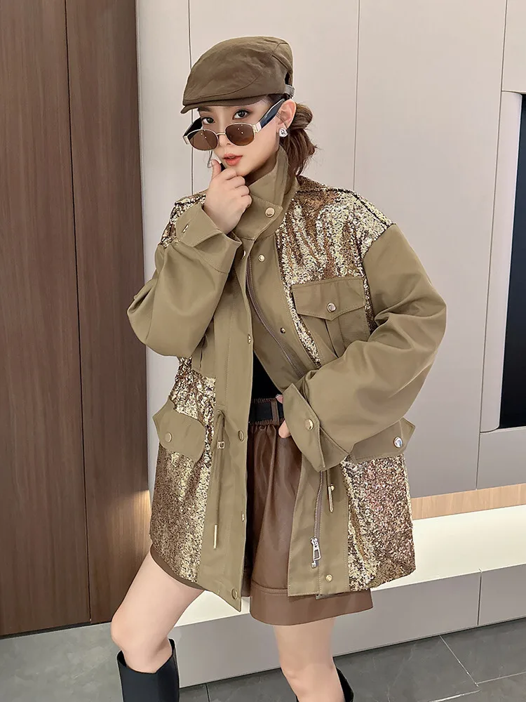 Women's Trench Coat Sequins Zipper Drawstring Waist Stand Collr Multiple Pockets Cargo Windbreak 2025 New Fashion Autumn