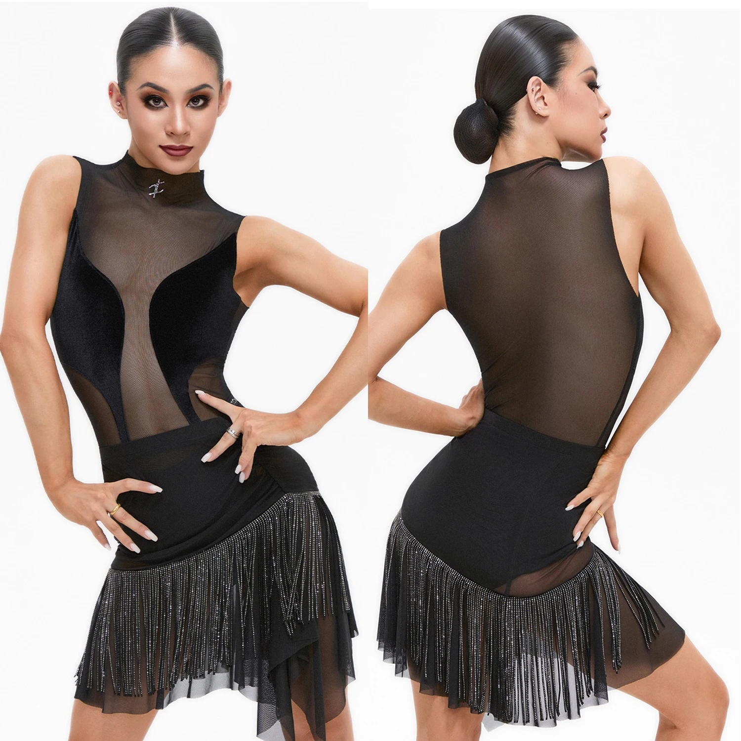 セクシーなラテンダンスの服女性メッシュトップスラインストーンフリンジスカートチャチャルンバダンスパフォーマンス衣装レースドレス DNV24741