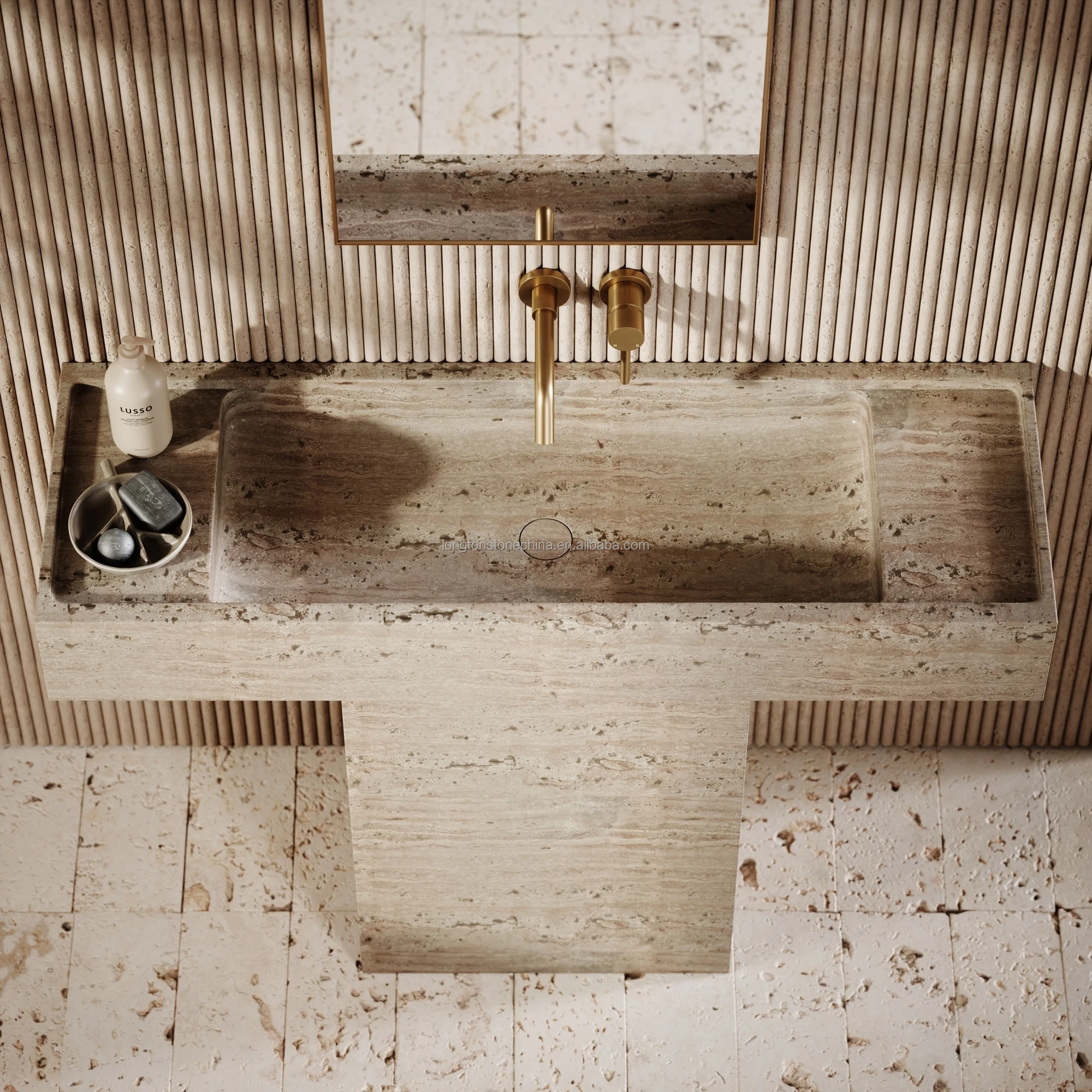 Fregaderos travertino Beige modernos, lavabo de mármol independiente para Baño